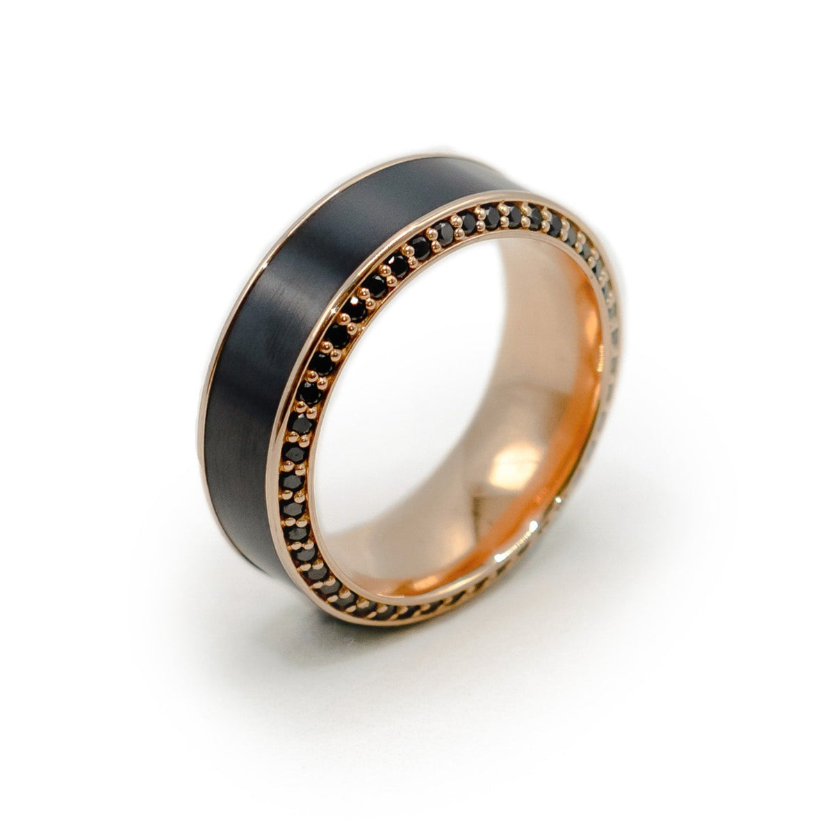 Helios Beveled with Black Diamond Insets in 18k Rose Gold Ring 8mm