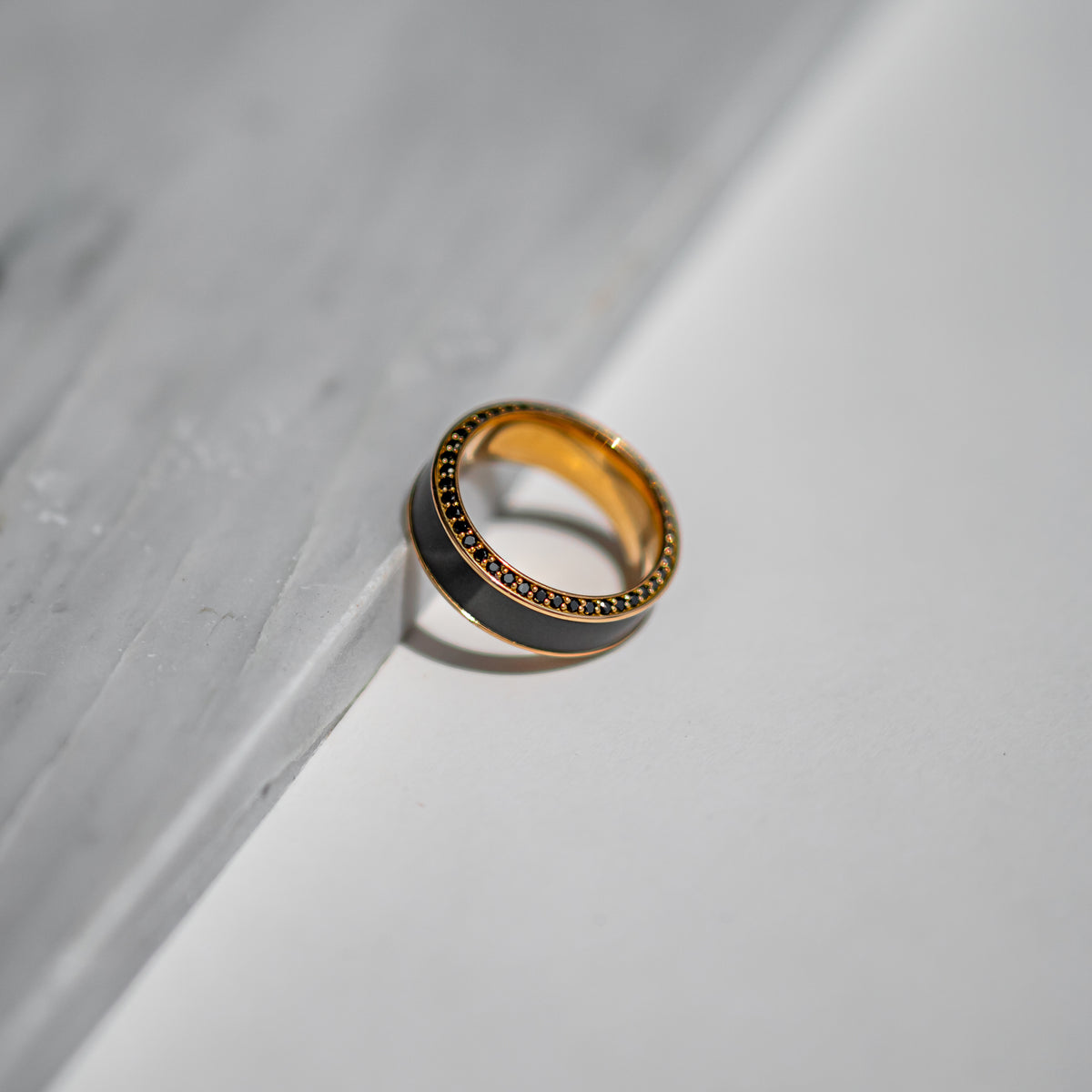 Helios Beveled with Black Diamond Insets in 18k Rose Gold Ring 8mm