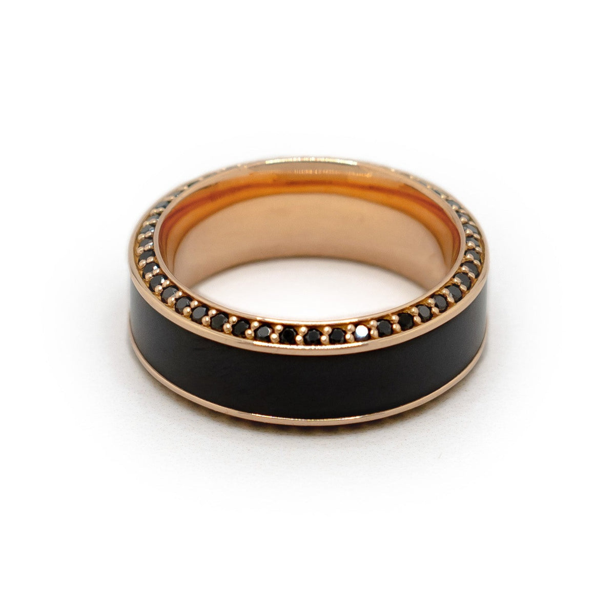 Helios Beveled with Black Diamond Insets in 18k Rose Gold Ring 7mm