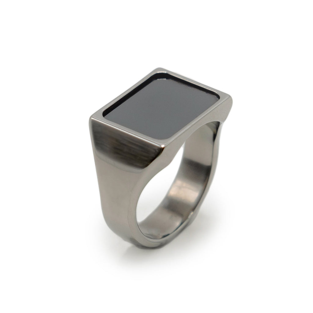 Titanium Signet Men Ring Made With Black Diamond, Polished Or Matt