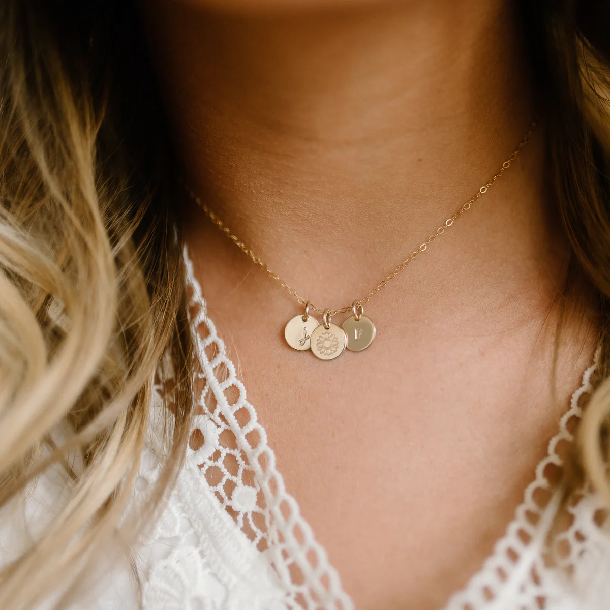 THREE Monogram Charm Necklace/Tiny Initial Disc Necklace/Gold Silver  Jewelry, Mom and Children, Family, Sister, Best friends Necklace